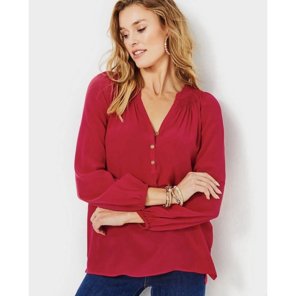 Lilly Pulitzer Elsa Silk Blouse XL Poinsettia Red Gold Button Resort Preppy